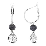 Natural Stone And Cross Coin On Lever Back Hoop Earrings, 1.75" (See Color Options)