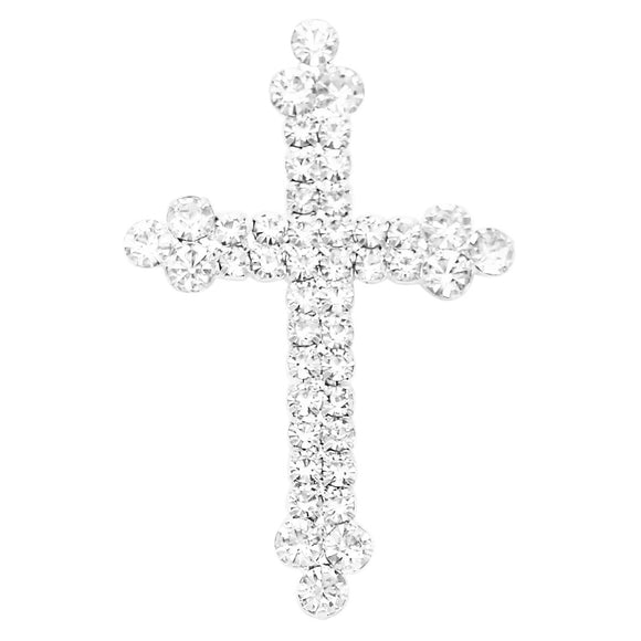Stunning Silver Tone Crystal Christian Budded Cross Brooch, 2.12
