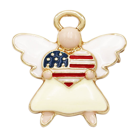 Women's Patriotic USA Flag Heart Enamel Angel Brooch Pin, 1.25