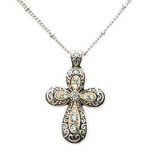 Two Tone Crystal Rhinestone Tailored Cross Pendant Necklace, 16" plus 3" Extender