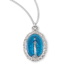 Sterling Silver Small Oval Blue Enameled Miraculous Medal of Mary Pendant Necklace, 18"