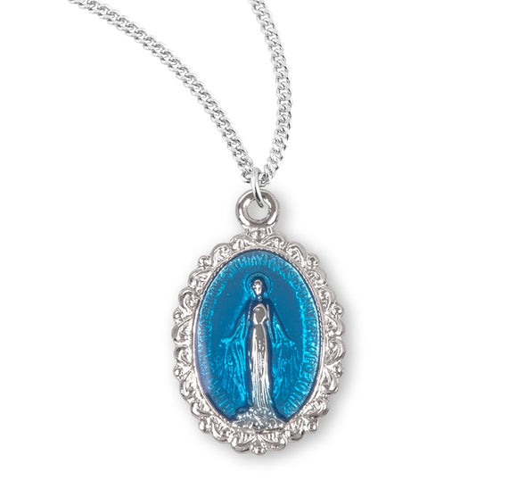 Sterling Silver Small Oval Blue Enameled Miraculous Medal of Mary Pendant Necklace, 18