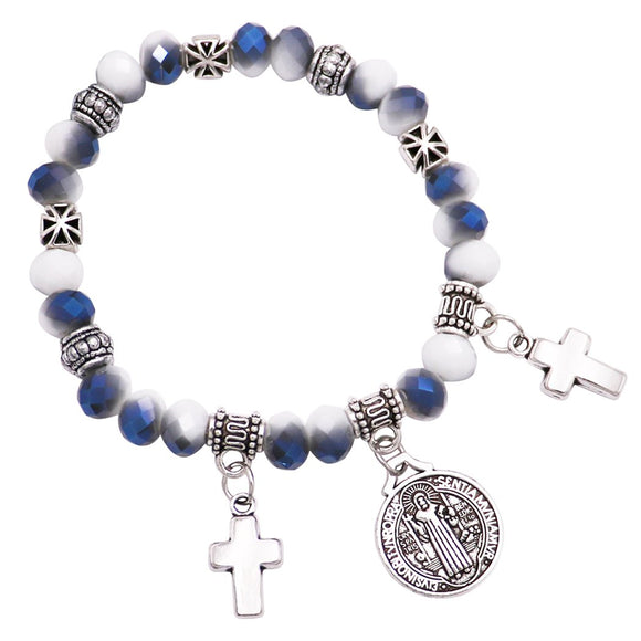 Religious Beaded Stretch Bracelet with Saint Benedict Bracelet Medal and Cross Charms (See Available Colors)