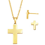 Stainless Steel Gold Tone Cross Charm Necklace and Earring Jewelry Set, 18"