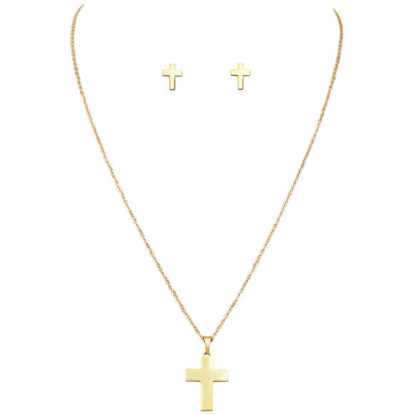 Stainless Steel Gold Tone Cross Charm Necklace and Earring Jewelry Set, 18