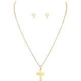 Stainless Steel Gold Tone Cross Charm Necklace and Earring Jewelry Set, 18"
