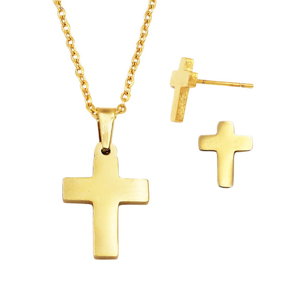 Stainless Steel Religious Christian Cross Charm Necklace And Earrings Gift Set (Gold Tone)