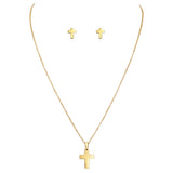 Stainless Steel Religious Christian Cross Charm Necklace And Earrings Gift Set (Gold Tone)
