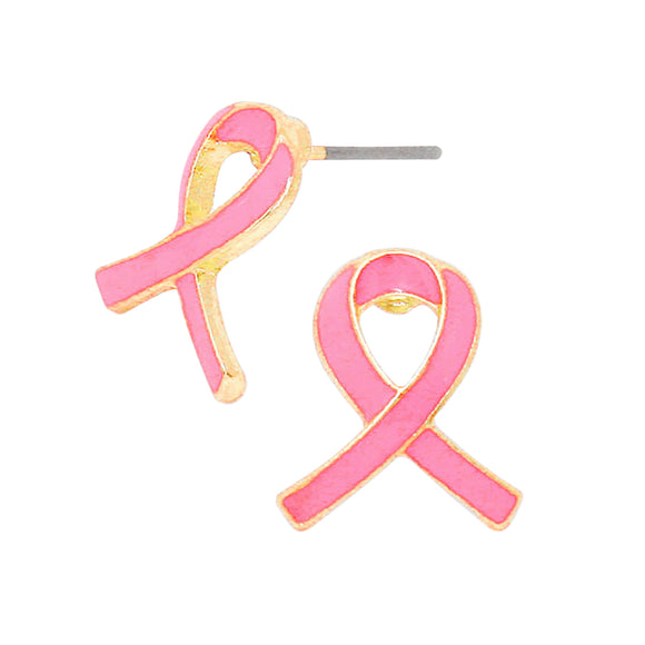 Breast Cancer Awareness Beautiful Pink Ribbon Enamel Stud Earrings, .75