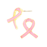 Breast Cancer Awareness Beautiful Pink Ribbon Enamel Stud Earrings, .75" (Pale Pink Ribbon Gold Tone)