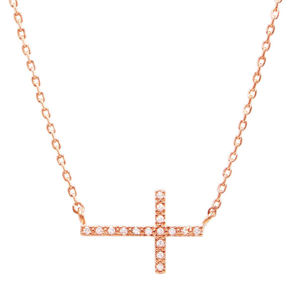 Rose Gold Dipped Sideways Cross With Sparkling Cubic Zirconia Crystal Religious Pendant Necklace 15.5