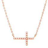 Rose Gold Dipped Sideways Cross With Sparkling Cubic Zirconia Crystal Religious Pendant Necklace 15.5"+2" Extender
