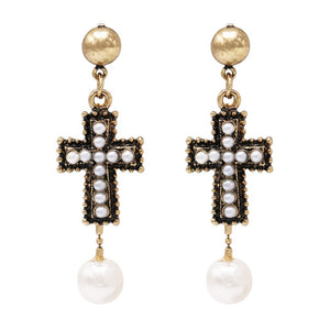 Stunning Simulated Pearl Antique Metal Statement Cross Dangle Earrings, 2.25"