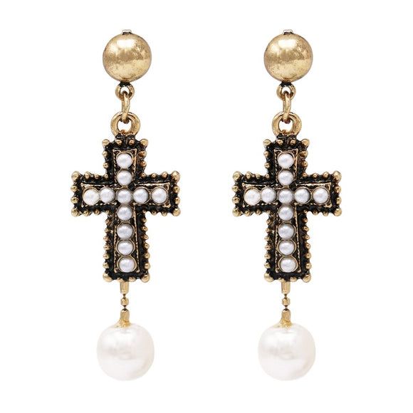 Stunning Simulated Pearl Antique Metal Statement Cross Dangle Earrings, 2.25