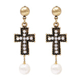 Stunning Simulated Pearl Antique Metal Statement Cross Dangle Earrings, 2.25"