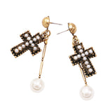 Stunning Simulated Pearl Antique Metal Statement Cross Dangle Earrings, 2.25"